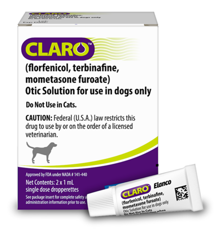 Box packaging for Claro® (florfenicol, terbinafine, mometasone furoate) Otic Solution. 