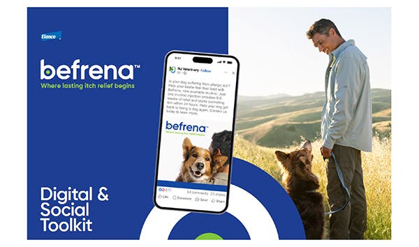 A promotional graphic for the Befrena™ Digital & Social Toolkit. It features the Befrena logo, a smartphone displaying a social media post about itch relief, and a man standing in a sunny field looking at his dog.