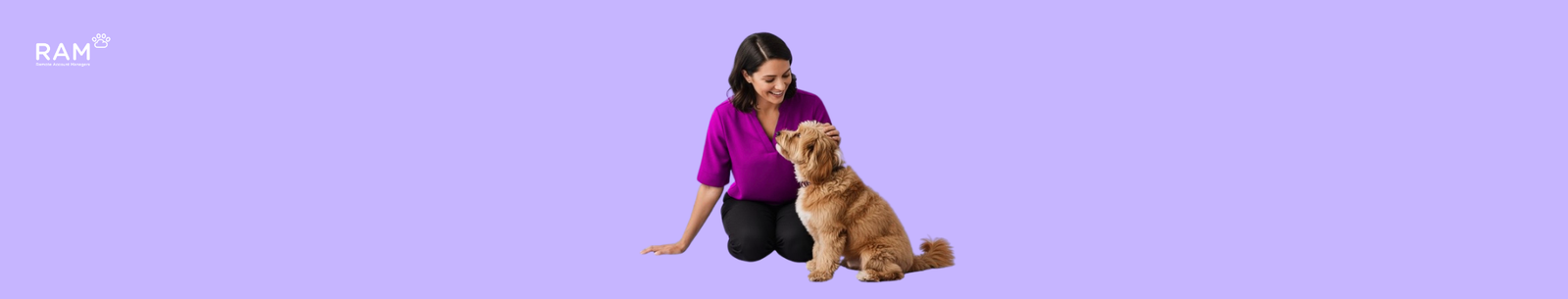 Lady stroking a dog with the RAM team logo on the left hand side