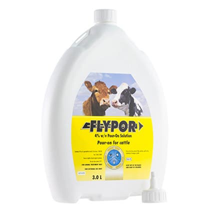 Flypor™ 4% w/v Pour On solution contains the synthetic pyrethroid permethrin for cattle.