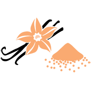 Vanilla & Yeast Icon: Orange and black icons of a vanilla flower and a pile of yeast, representing the flavor.