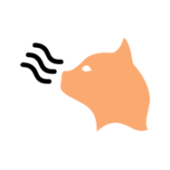 Cat Aroma Icon: Orange silhouette of a cat's head with wavy black lines representing its keen sense of smell or the product's appealing aroma.