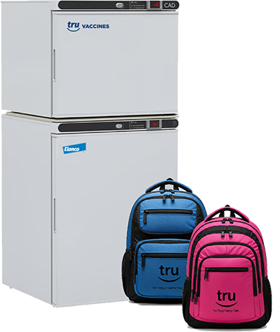A collection of prizes including two stacked white medical refrigerators with Tru Vaccines and Elanco branding, and two backpacks (one blue, one pink) featuring the Tru logo.
