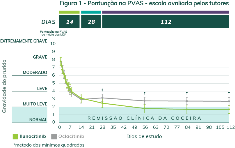 Estudo clínico duplo-cego randomizado, realizado na Europa com 338 cães de tutores, demonstrou a eficácia e a segurança de Zenrelia™ em comparação com o oclacitinib para o tratamento de prurido e lesões cutâneas em cães com dermatite atópica.