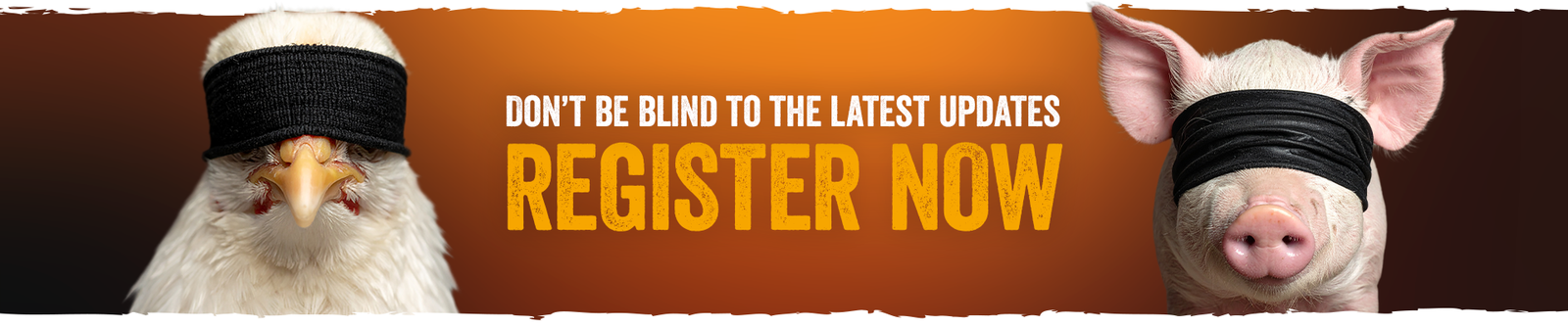 Register now banner with a blindfolded chicken and a blindfolded pig