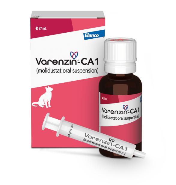 A 27 mL bottle of Varenzin-CA1 with syringe standing next to the packaging with pink label and cat silhouette. 