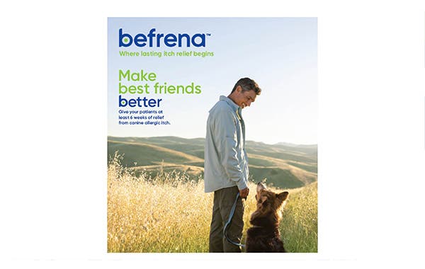 Cover of a veterinary brochure for Befrena featuring a man and his dog in a grassy field. The text reads "Make best friends better" and "Where lasting itch relief begins."