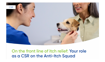 Befrena Anti-Itch Squad CSR One Pager. This informational sheet for Customer Service Representatives defines their role as the "front line of itch relief." The image shows a CSR welcoming a dog and owner.
