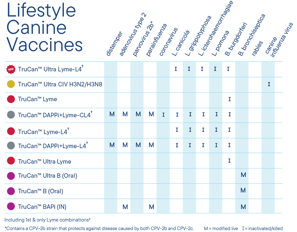 Elanco Lifestyle Canine Vaccines comparison chart. Highlights coverage for TruCan Ultra Lyme-L4, TruCan Ultra CIV H3N2/H3N8, and TruCan B (Oral) against Lyme disease, canine influenza, and Bordetella. Notes the first and only Lyme combinations in the market.