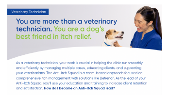 Befrena Anti-Itch Squad Vet Tech One Pager. This clinic resource highlights the technician's role as a dog's "best friend in itch relief." It features a smiling technician with a dog.