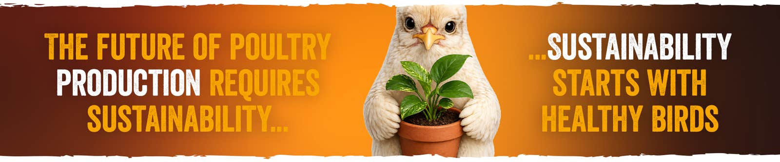 Sustainability banner with a chicken holding a plant in a pot