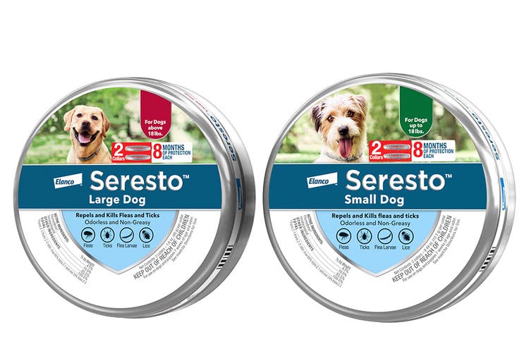 Two circular tin containers for Seresto collars. The 'Large Dog' and 'Small Dog' versions both highlight 8 months of continuous protection against fleas and ticks.
