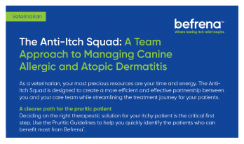 Befrena Anti-Itch Squad Vet One Pager. This Elanco professional document for veterinarians outlines a team-based approach to managing canine allergic and atopic dermatitis.