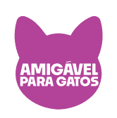 Ícone roxo em formato de cabeça de gato escrito: Amigável para gatos