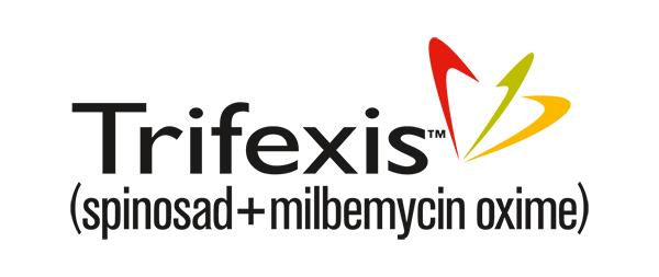 Trifexis (spinosad + milbemycin oxime) logo featuring black text and a colorful, abstract butterfly-style icon.