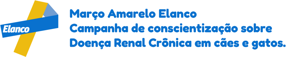Logotipo da campanha Elanco™ Março Amarelo com um descritivo ao lado escrito "março amarelo Elanco campanha de conscientização sobre Doença Renal Crônica em cães e gatos".