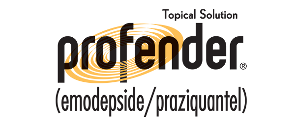Profender Topical Solution (emodepside/praziquantel) logo in black and orange text.