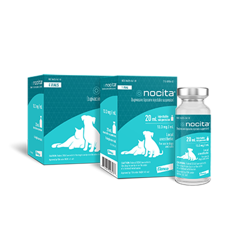 Two sizes of Nocita packaging boxes standing next to 20mL bottle of Nocita product. 