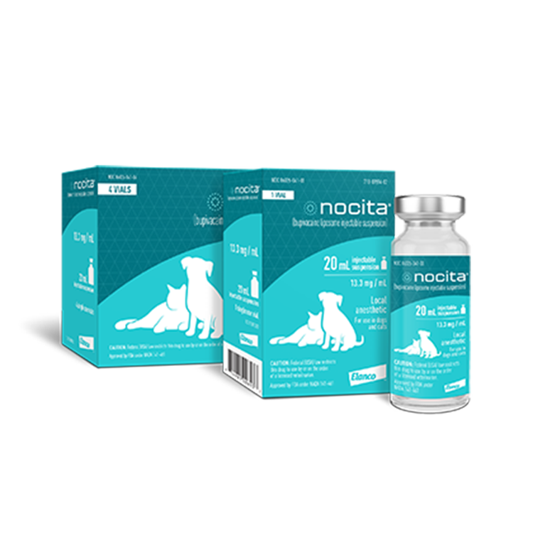 Two sizes of Nocita packaging boxes standing next to 20mL bottle of Nocita product. 