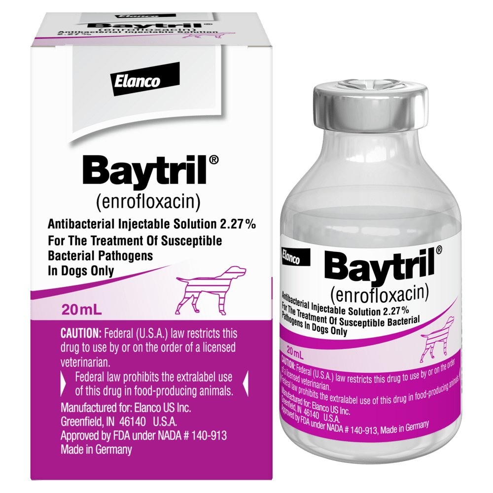 An image of a 20 ml bottle of Baytril injectable solution.