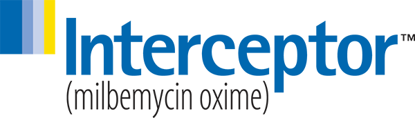 Elanco Interceptor (milbemycin oxime) logo in blue text with a yellow and blue striped vertical bar.