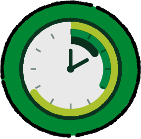 A circular green icon featuring a white clock face with dark green hands and three curved progress segments in varying shades of green along the right and bottom edges.
