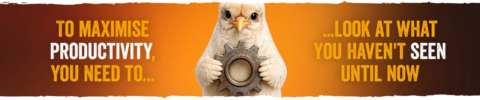 Hemicell productivity banner with a chicken holding a cog. 