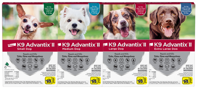 Four weight-coded boxes of K9 Advantix II for dogs. The packaging highlights the 'Triple Action' formula that repels and kills ticks, fleas, and mosquitoes for monthly protection.