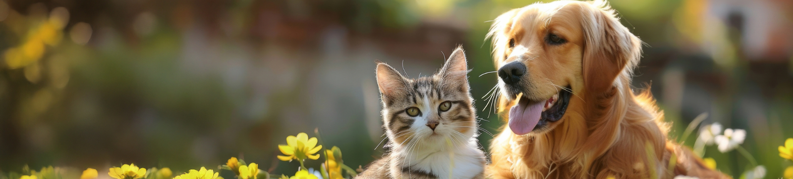 Cat and golden retriever dog sitting outside in a field
