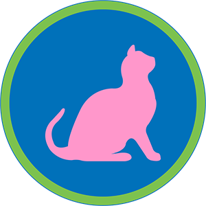 A circular blue icon with a green border, featuring a pink silhouette of a sitting cat.