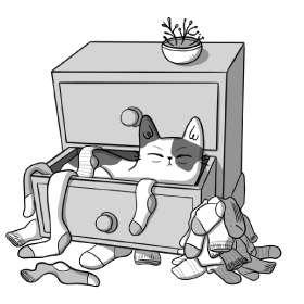 Gato dormindo em uma gaveta aberta, rodeado de meias, com um vaso de planta em cima da cômoda. Ilustração simples em preto e branco.