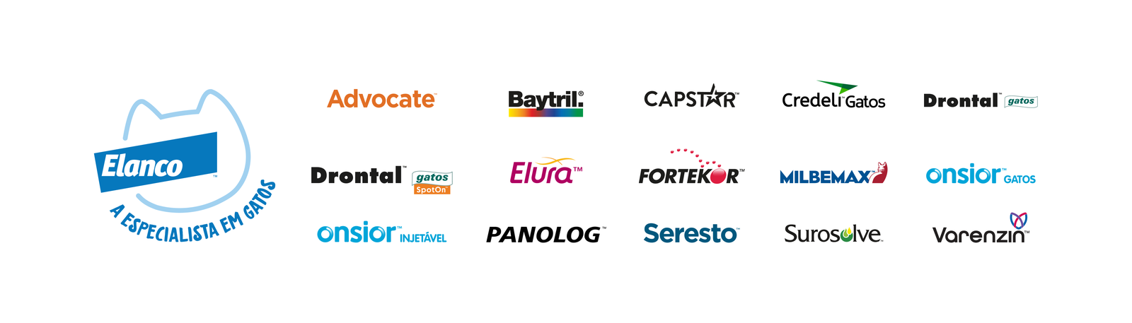Logo da Elanco com o slogan "A especialista em gatos", ao lado de uma grade com os logotipos de 15 marcas de produtos: Advocate, Baytril, Capstar, Credelio Gatos, Drontal Gatos, Drontal Gatos SpotOn, Elura, Fortekor Flavour, Milbemax, Onsior Gatos, Onsior Injetável, Panolog, Seresto, Surosolve e Varenzin.