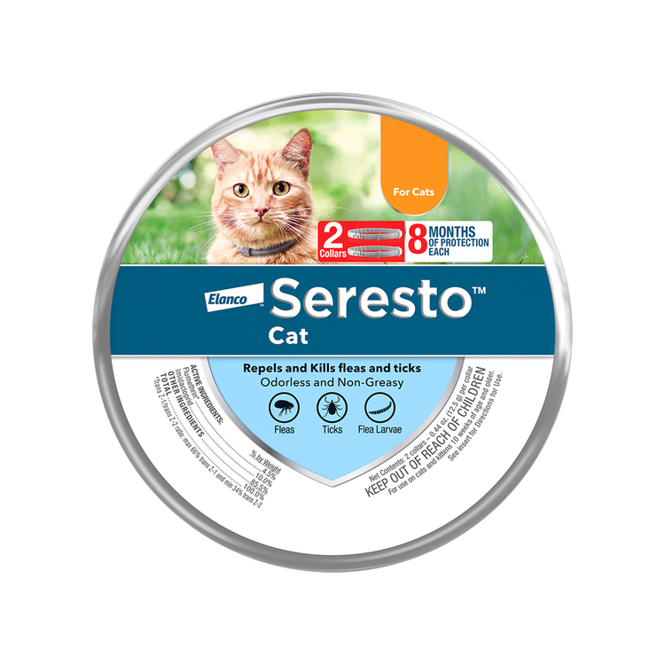 Circular tin packaging for a Seresto Cat collar. The label features a ginger cat and highlights '8 months' of continuous protection against fleas and ticks.