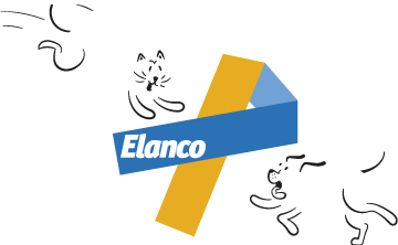 Logotipo da campanha Elanco™ Março Amarelo com adição de um gato e um cachorro estilizados brincando.