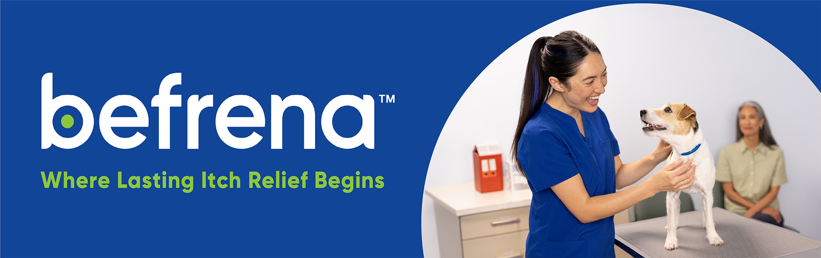 Befrena marketing banner featuring the slogan 'Where Lasting Itch Relief Begins.' The image shows a smiling veterinary professional in blue scrubs examining a Jack Russell Terrier on an exam table, with the pet owner looking on.
