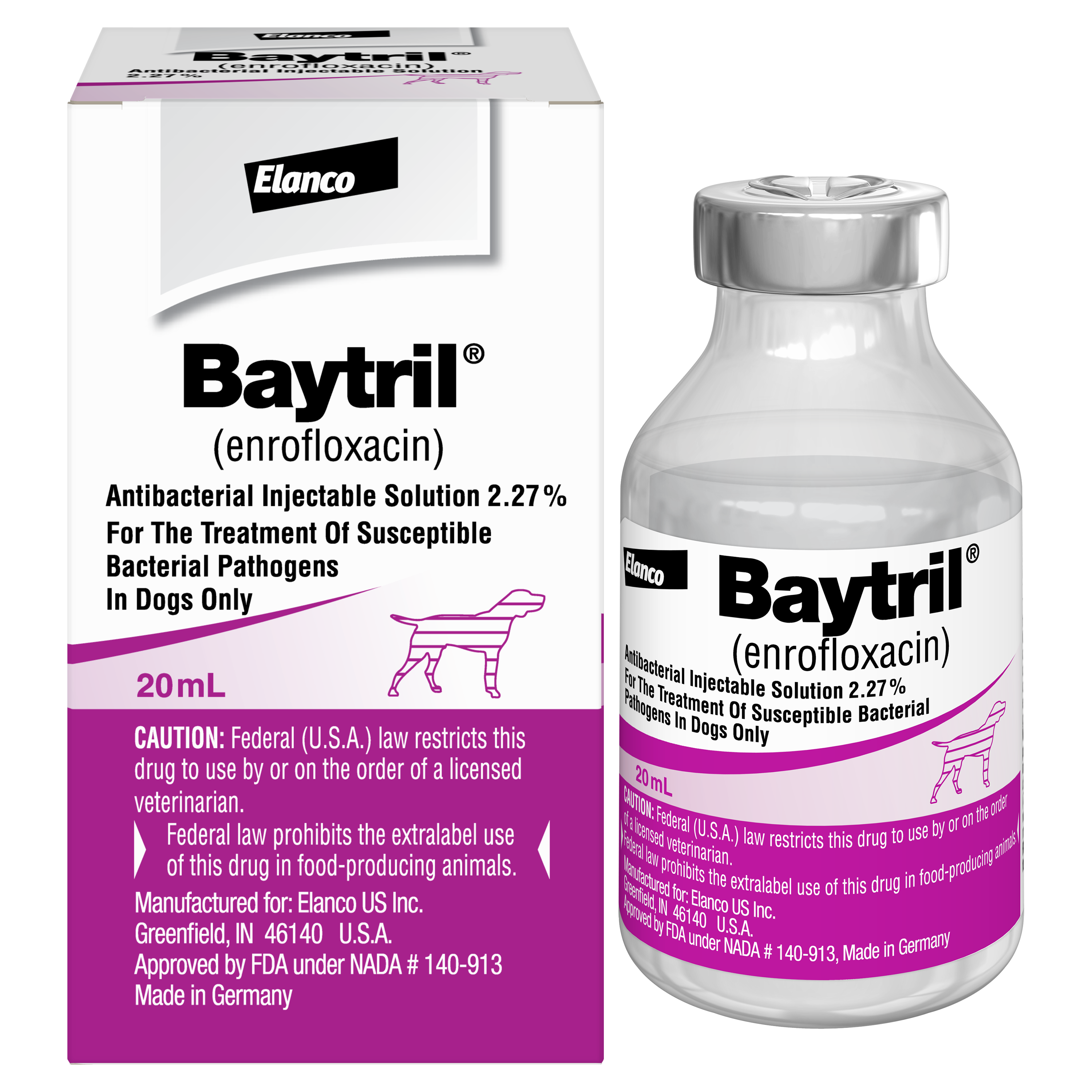 An image of a 20 ml bottle of Baytril injectable solution.