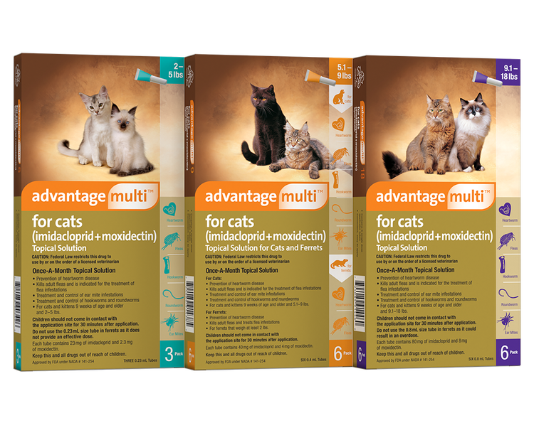 Three weight-coded boxes of Advantage Multi for Cats. The teal, orange, and purple packaging features different cat breeds.