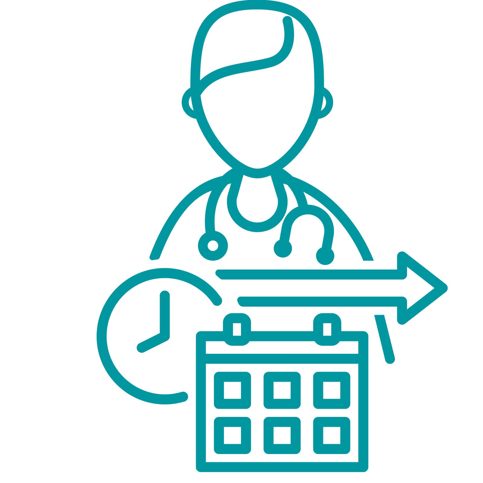 Layered icon showing doctor in the background and a clock and calendar on top with an arrow pointing to the right. 