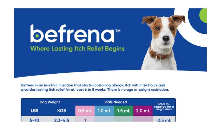 A clinical dosing guide for Befrena™ featuring a Jack Russell Terrier. It includes a table for calculating the required vials (0.5 mL to 2.0 mL) based on a dog's weight in LBS or KGS.