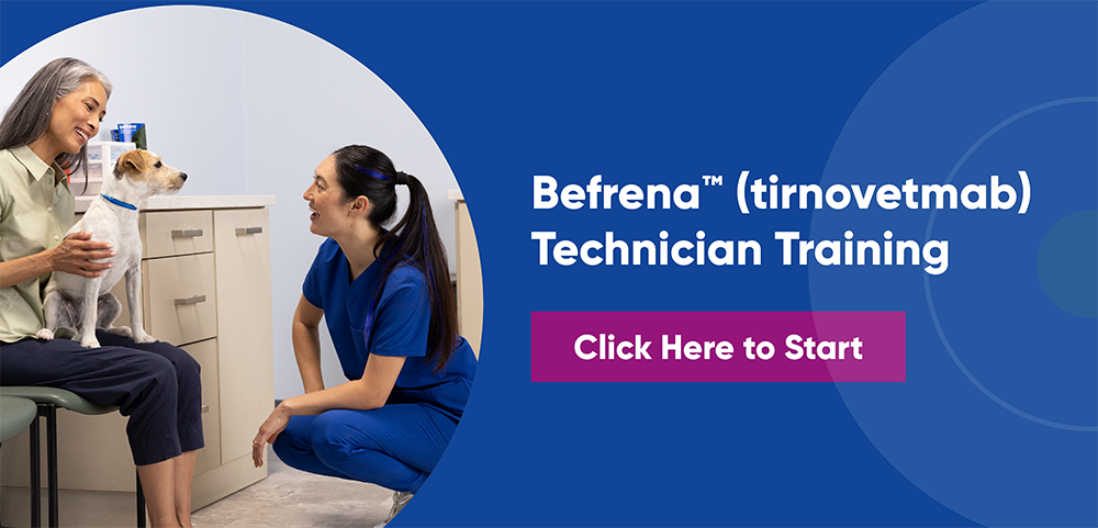 Befrena (tirnovetmab) Technician Training banner. The image shows a veterinary technician in blue scrubs interacting with a pet owner and a small dog in a clinical setting. Includes a 'Click Here to Start' button for the training module on canine allergic dermatitis management.