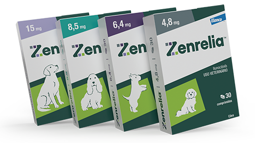 Embalagens de Zenrelia em diferentes apresentações para tratamento da coceira em cães.