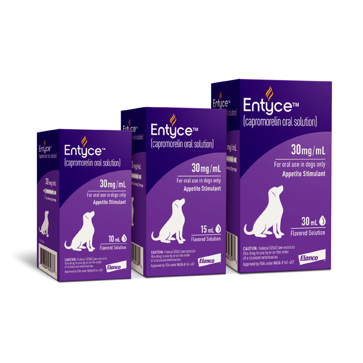 A bottle of Entyce stands next to its purple packaging box.