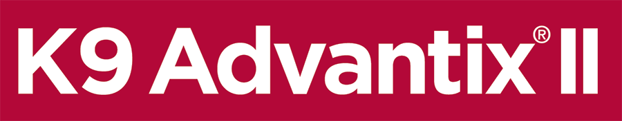 K9 Advantix II logo featuring white text on a dark red rectangular background.