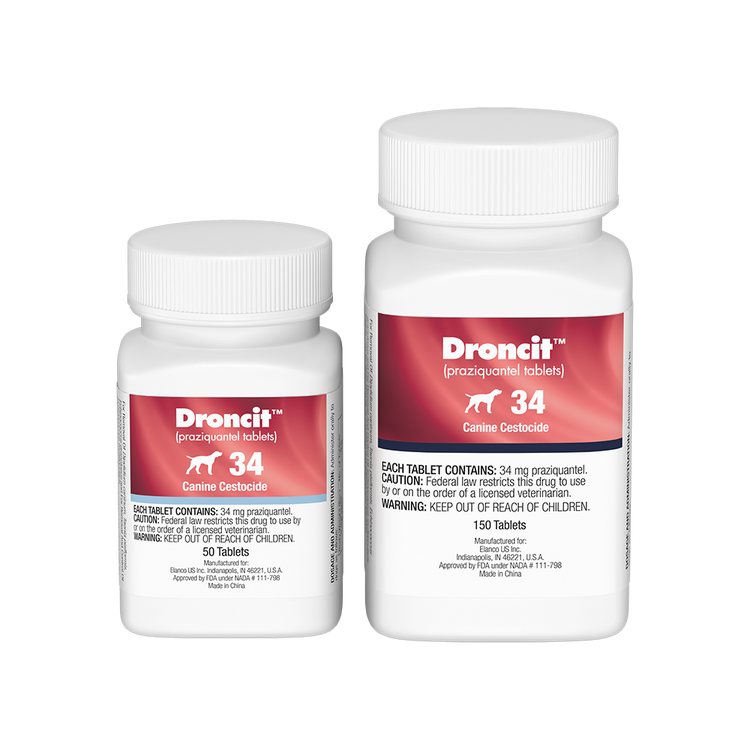 Two white plastic bottles of Droncit (praziquantel) 50 and 150 tablets with red and black labels.