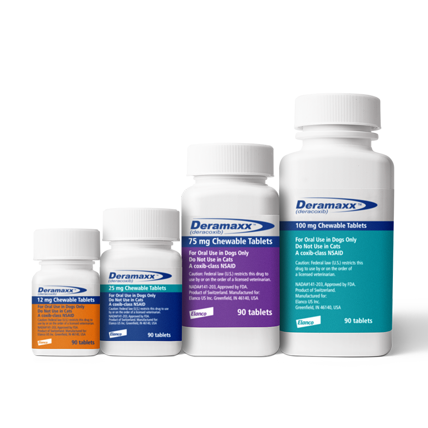 Four Deramaxx bottles stand side by side with 12mg, 25mg, 75mg and 100mg doses
