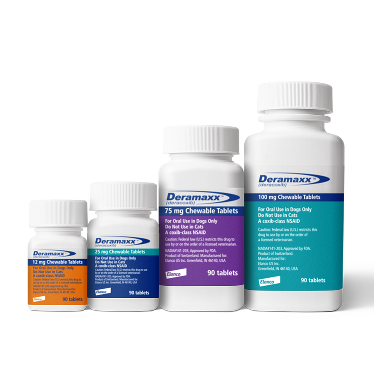 Four Deramaxx bottles stand side by side with 12mg, 25mg, 75mg and 100mg doses