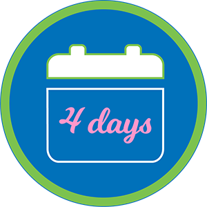 A circular blue icon with a green border, featuring a white calendar outline containing the text "4 days" in pink script.