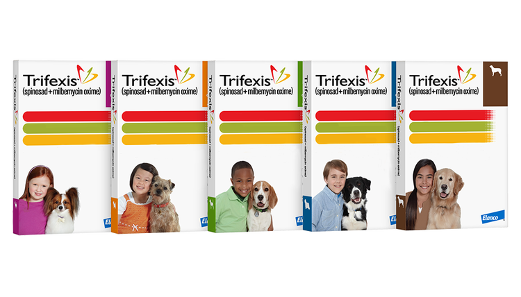Five weight-coded boxes of Trifexis for dogs. The packaging is color-coded (purple, orange, green, blue, and brown) and features photos of children with their pet dogs.