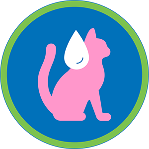 A circular blue icon with a green border, featuring a pink cat silhouette with a white droplet icon positioned on its back.