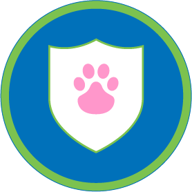 A circular blue icon with a green border, featuring a white shield silhouette with a pink paw print in the center.
